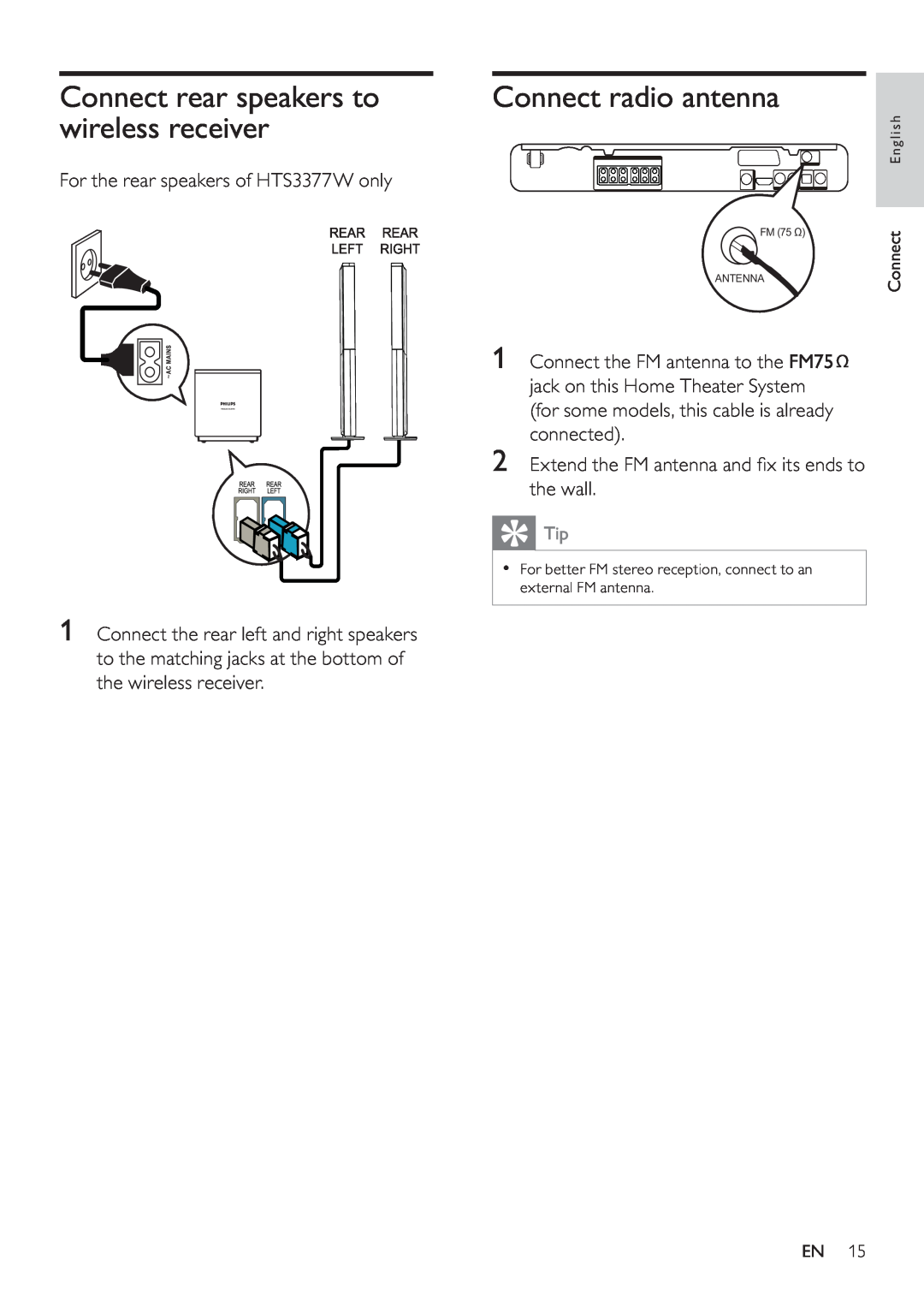 Philips HTS3377W, HTS3270 user manual Connect rear speakers to wireless receiver, Connect radio antenna 