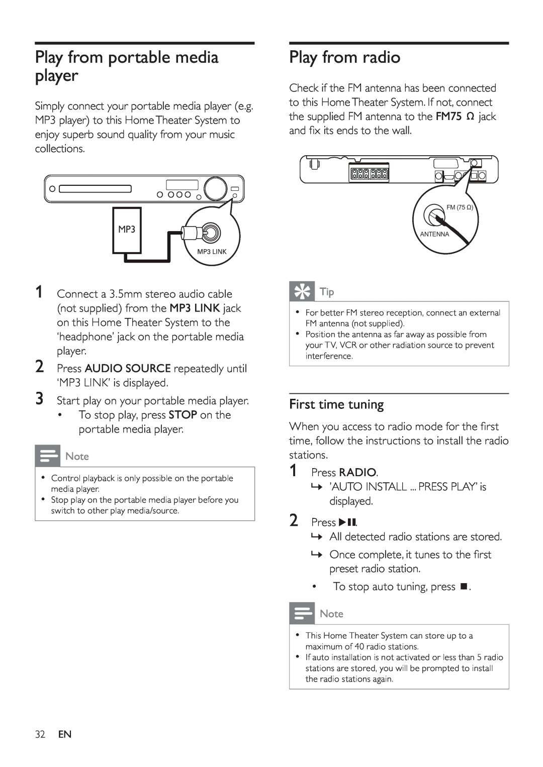 Philips HTS3270, HTS3377W user manual Play from portable media player, Play from radio, First time tuning 