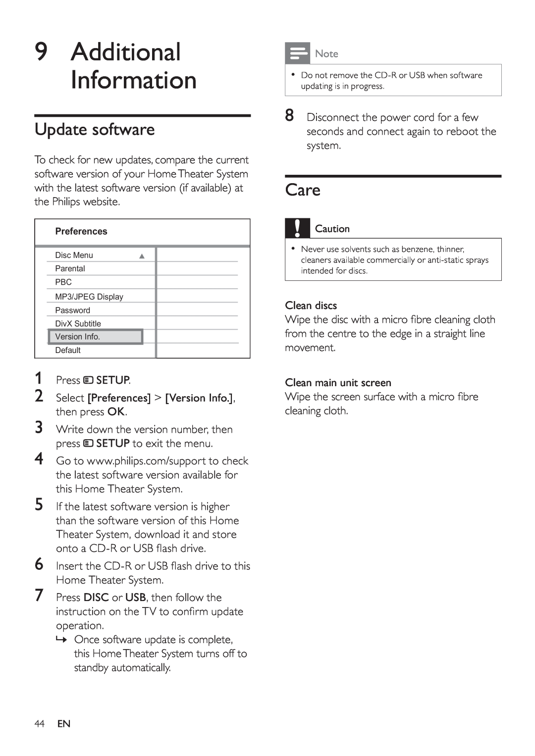Philips HTS3270, HTS3377W user manual 9Additional Information, Update software, Care 