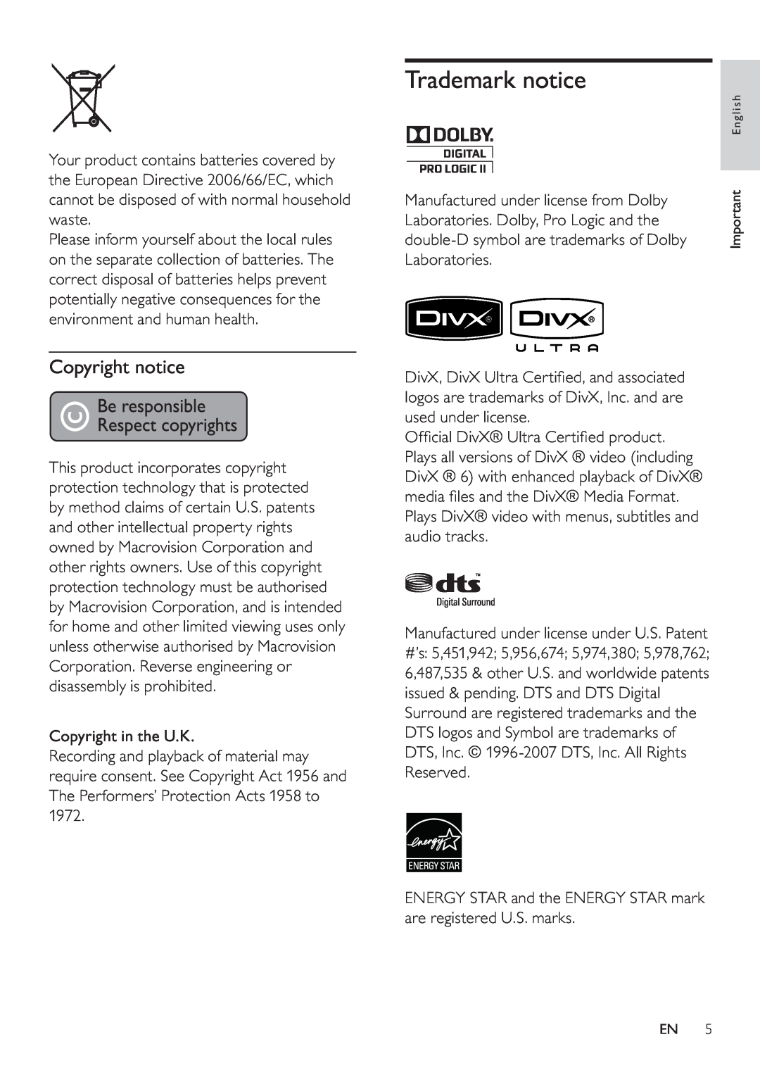 Philips HTS3270, HTS3377W user manual Trademark notice, Copyright notice 