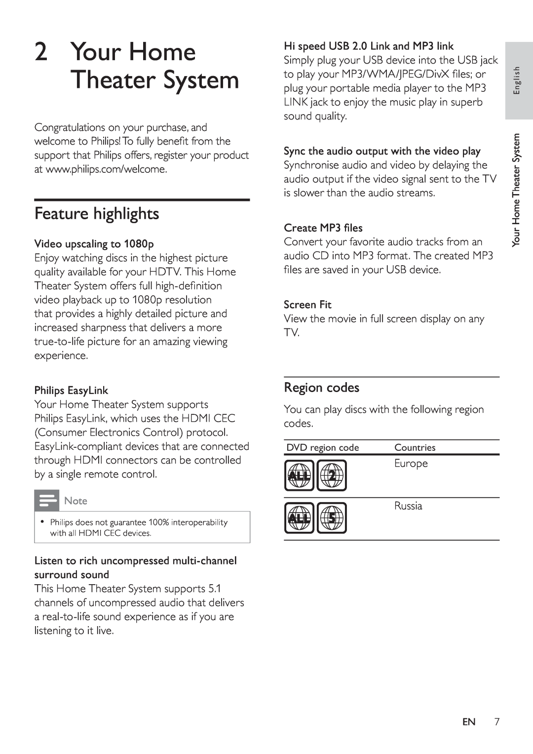 Philips HTS3377W, HTS3270 user manual 2Your Home Theater System, Feature highlights, Region codes 