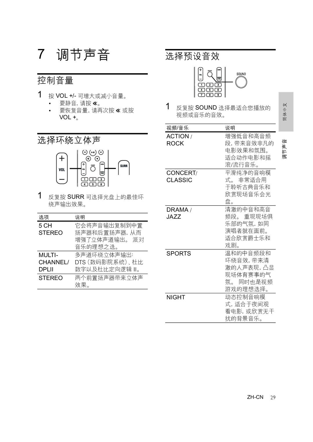 Philips HTS3371, HTS3378, HTS3276 user manual 调节声音, 控制音量, 选择环绕立体声, 选择预设音效 