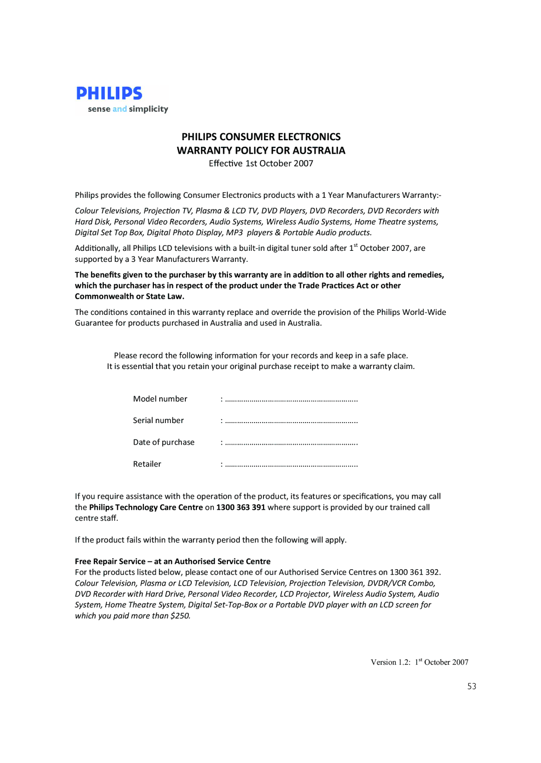 Philips HTS3378, HTS3371, HTS3276 user manual Philips Consumer Electronics Warranty Policy for Australia 