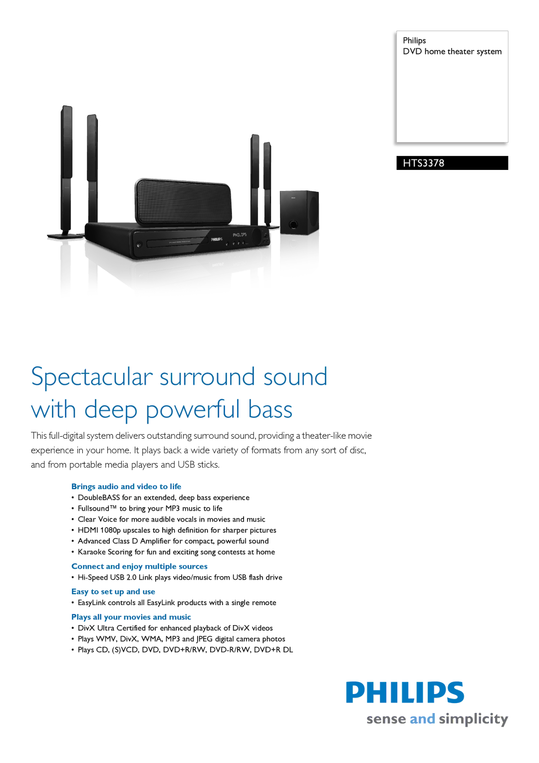 Philips HTS3378/98 manual Brings audio and video to life, Connect and enjoy multiple sources, Easy to set up and use 