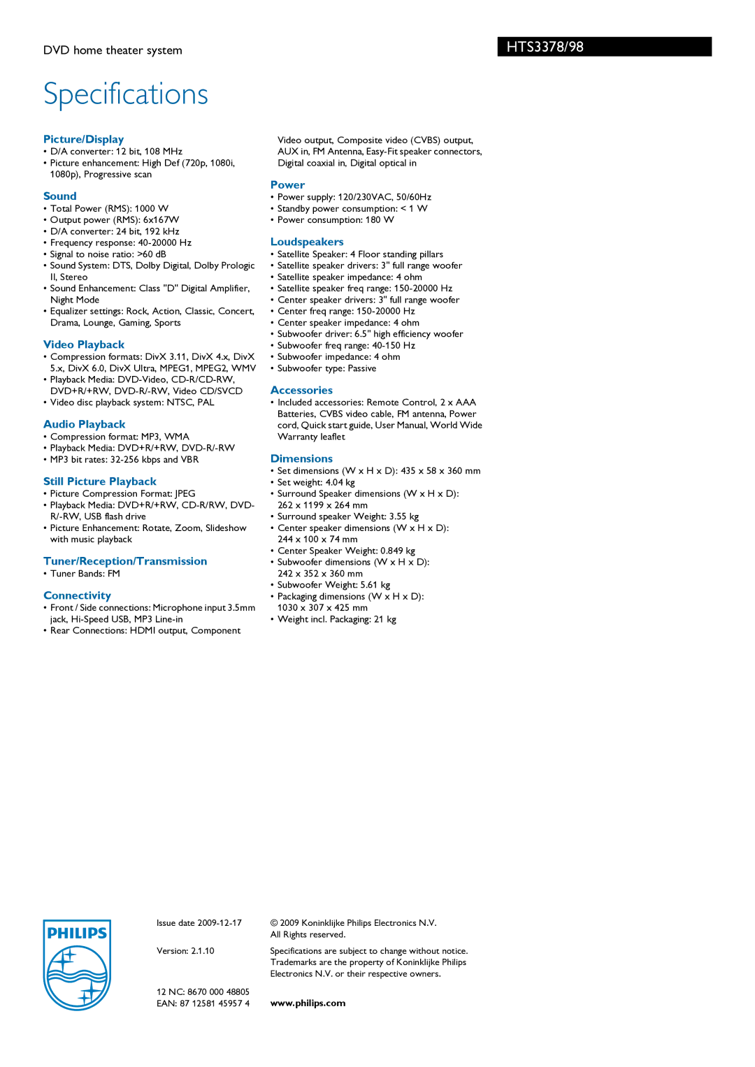 Philips HTS3378/98 manual Specifications 