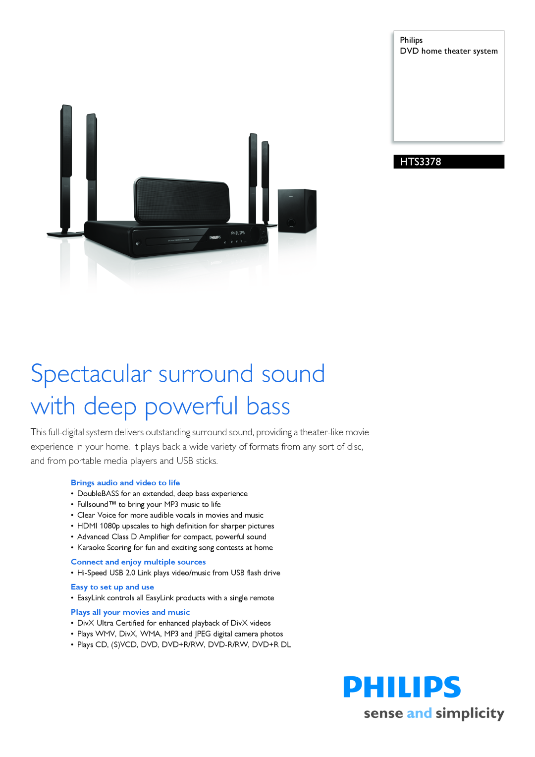 Philips HTS3378/98 manual Philips DVD home theater system, Brings audio and video to life, Easy to set up and use 