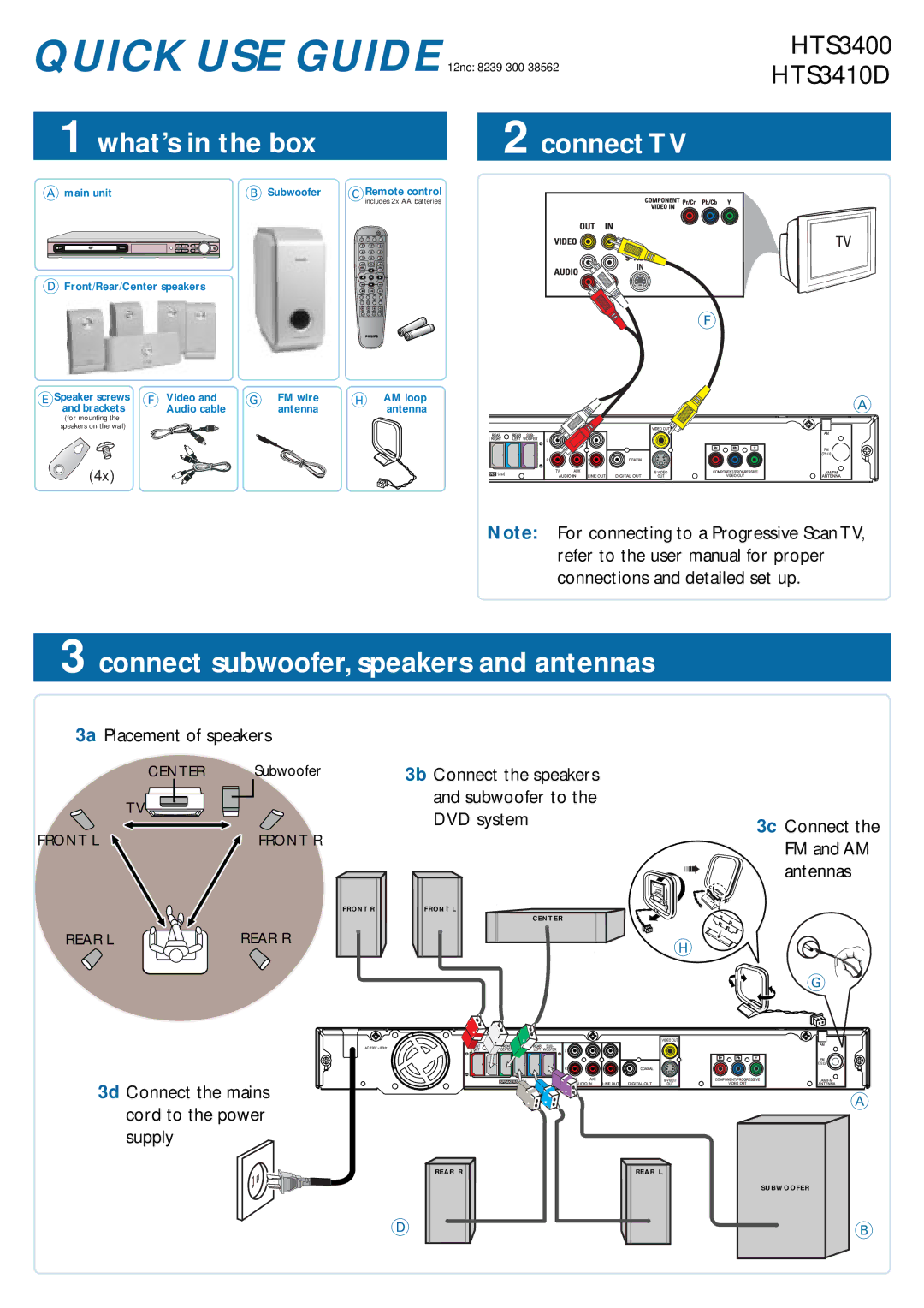 Philips HTS3400, HTS3410D user manual What’s in the box Connect TV, Connect subwoofer, speakers and antennas 