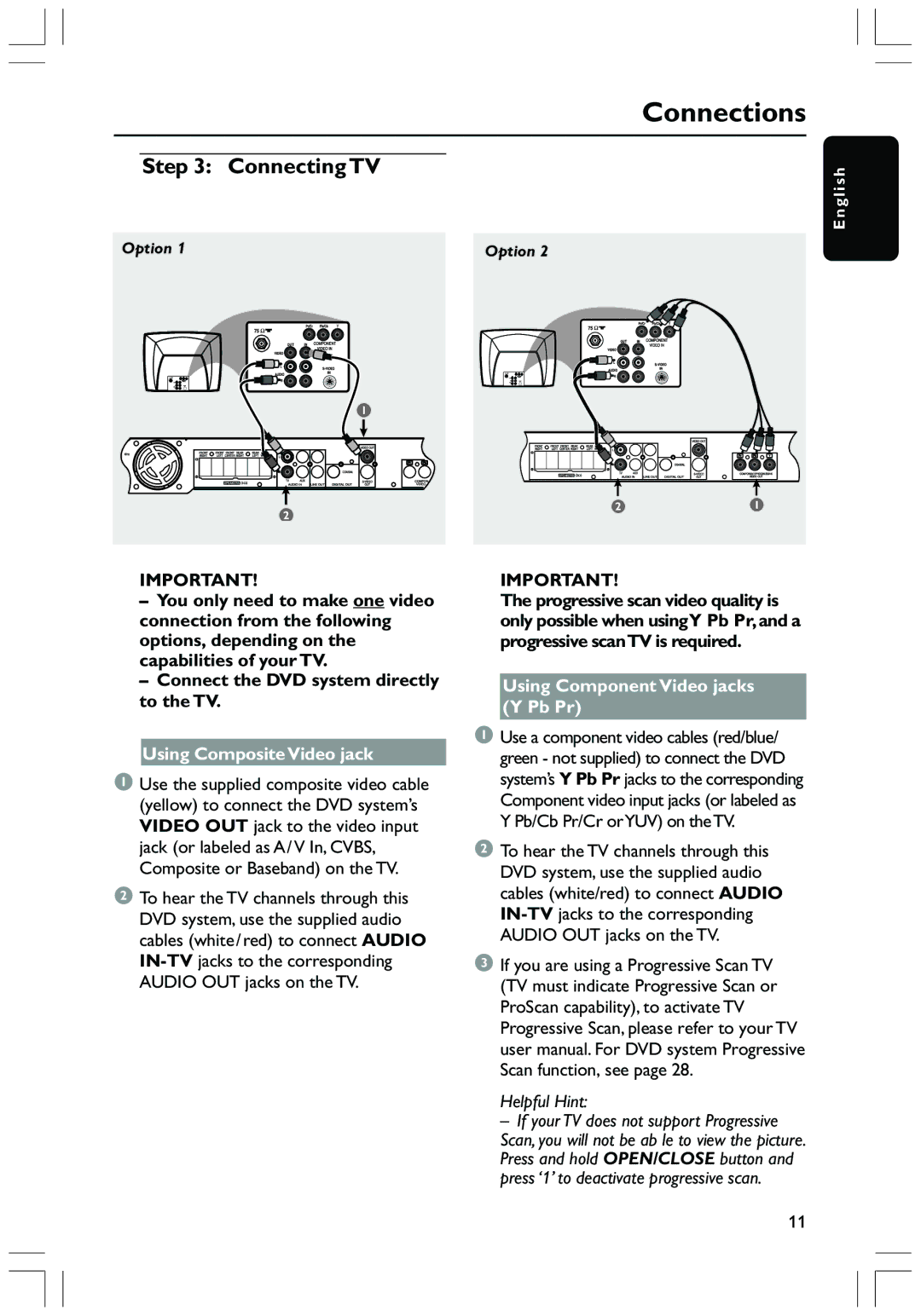 Philips HTS3410D user manual Connecting TV, Using Composite Video jack, Using Component Video jacks Y Pb Pr 