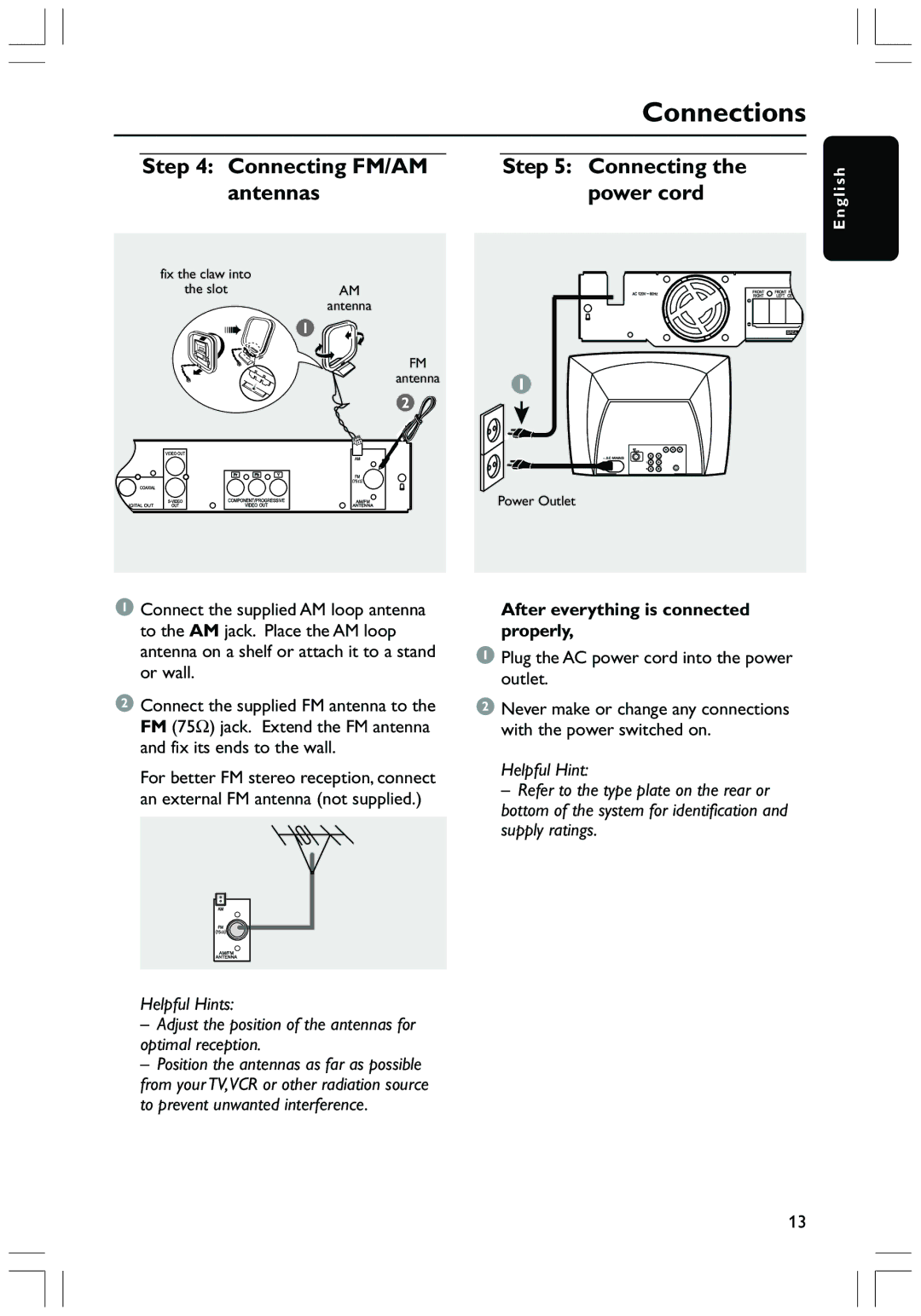 Philips HTS3410D user manual Connecting FM/AM Antennas Power cord, After everything is connected properly 