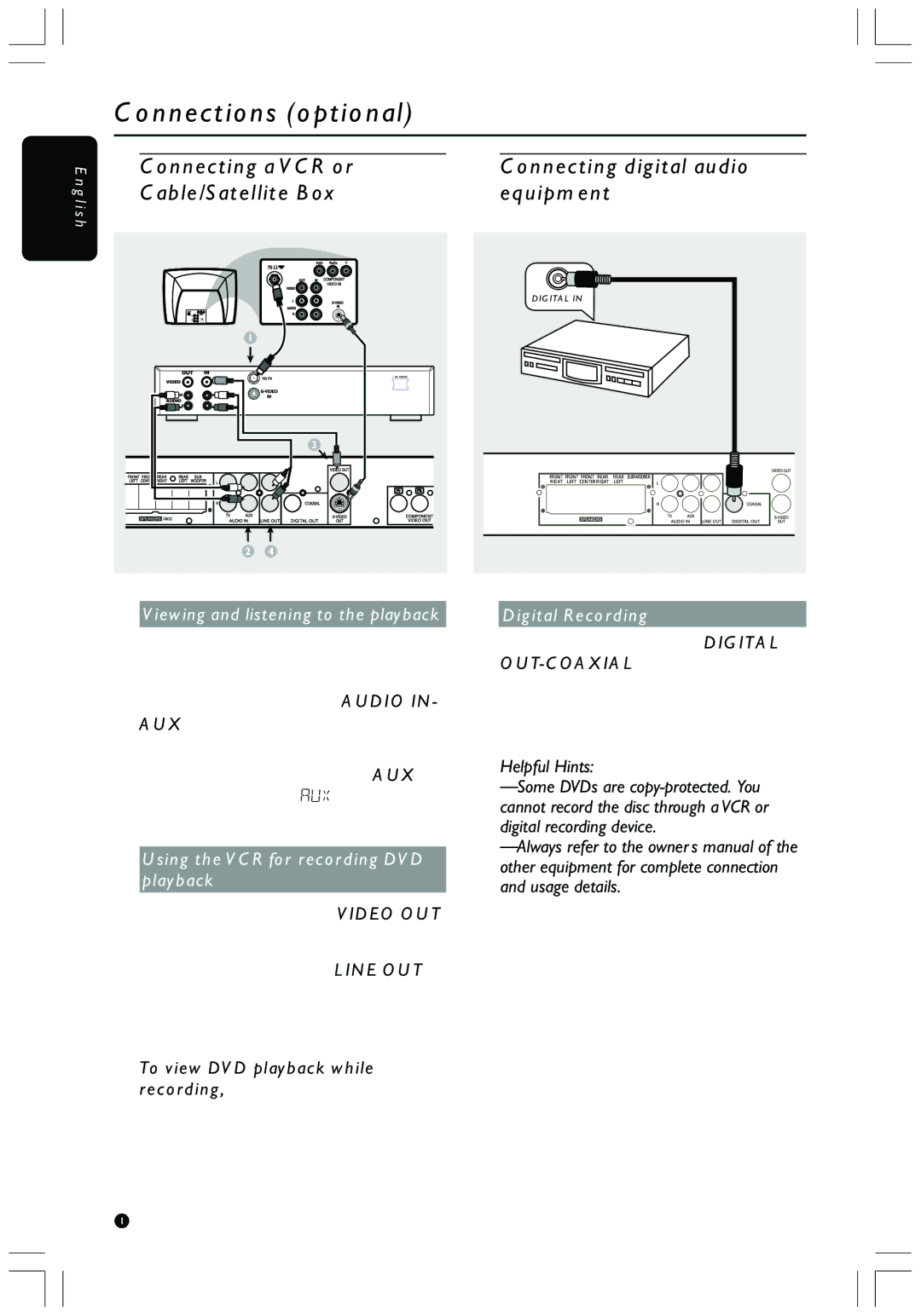 Philips HTS3410D user manual Connections optional, Connecting a VCR or, Cable/Satellite Box Equipment 