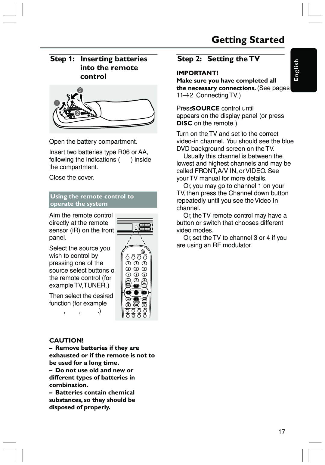 Philips HTS3410D user manual Inserting batteries Setting the TV Into the remote Control, Make sure you have completed all 