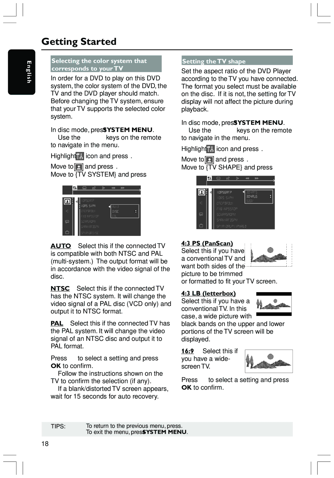 Philips HTS3410D Getting Started, Selecting the color system that corresponds to your TV, Setting the TV shape, PS PanScan 