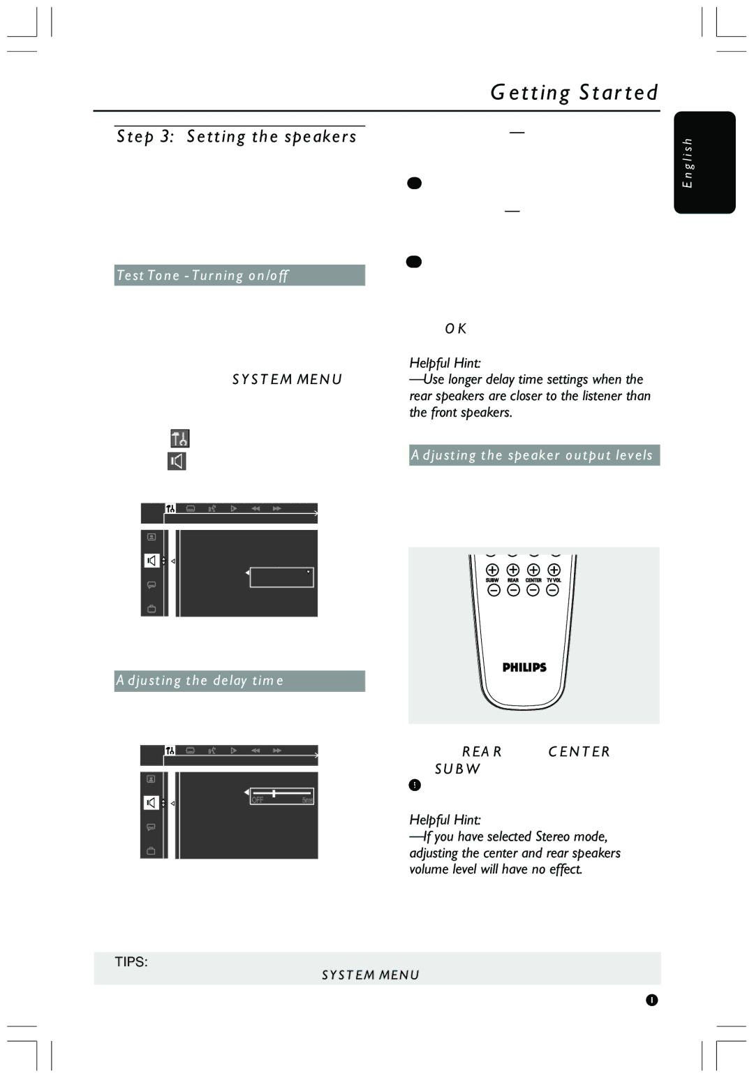 Philips HTS3410D user manual Setting the speakers, Test Tone Turning on/off, Adjusting the delay time 