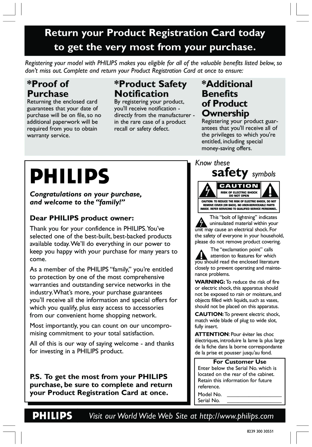 Philips HTS3410D user manual Product, Ownership, Returning the enclosed card By registering your product, For Customer Use 