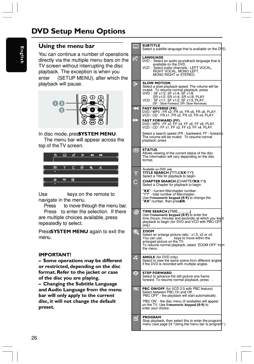 Philips HTS3410D user manual DVD Setup Menu Options, Using the menu bar 