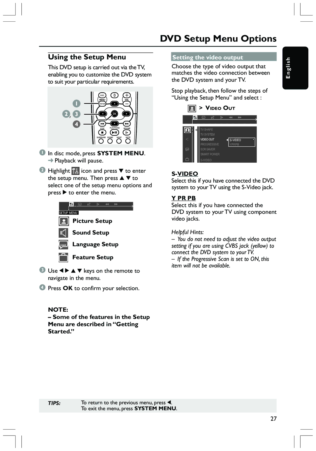 Philips HTS3410D user manual Setting the video output, Disc mode, press System Menu Playback will pause, Video, Pr Pb 