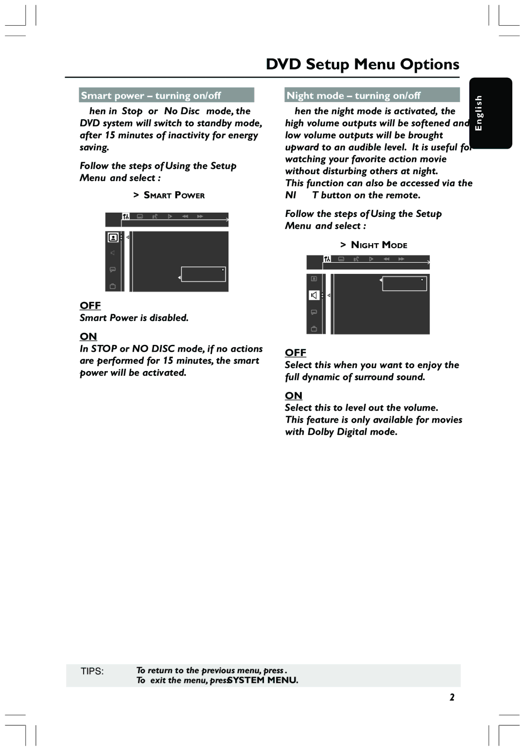 Philips HTS3410D user manual Smart power turning on/off, Smart Power is disabled, Night mode turning on/off 