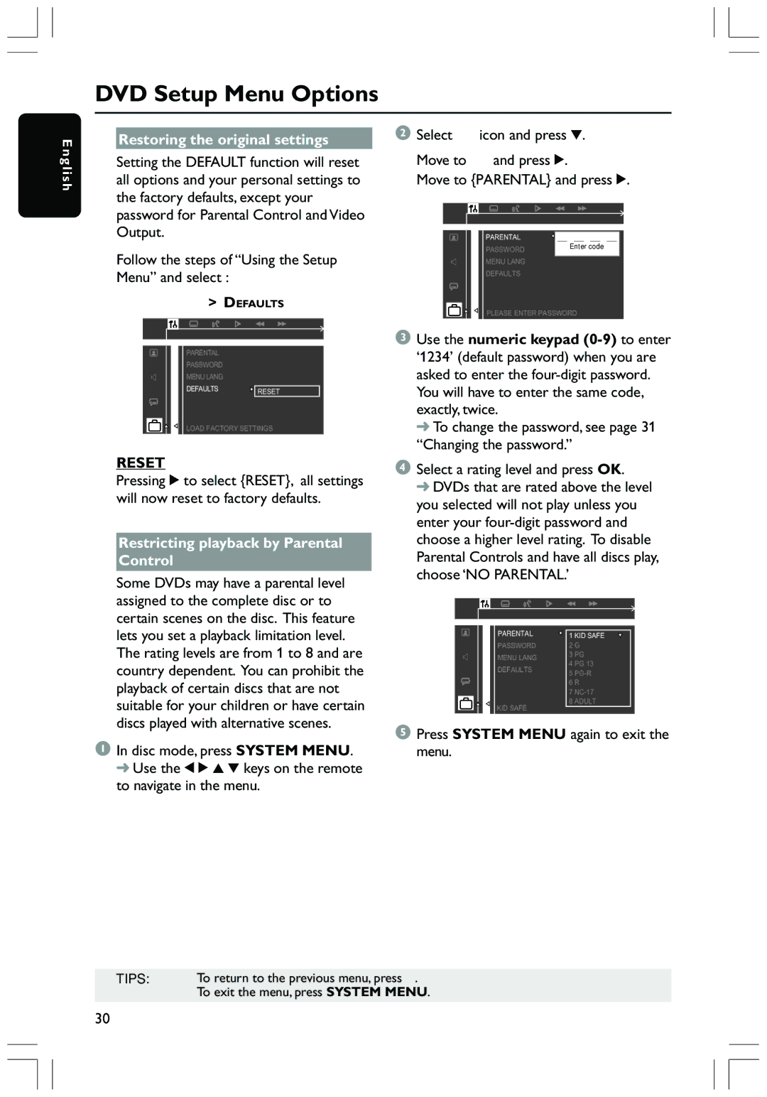 Philips HTS3410D user manual Restoring the original settings, Reset, Restricting playback by Parental Control 