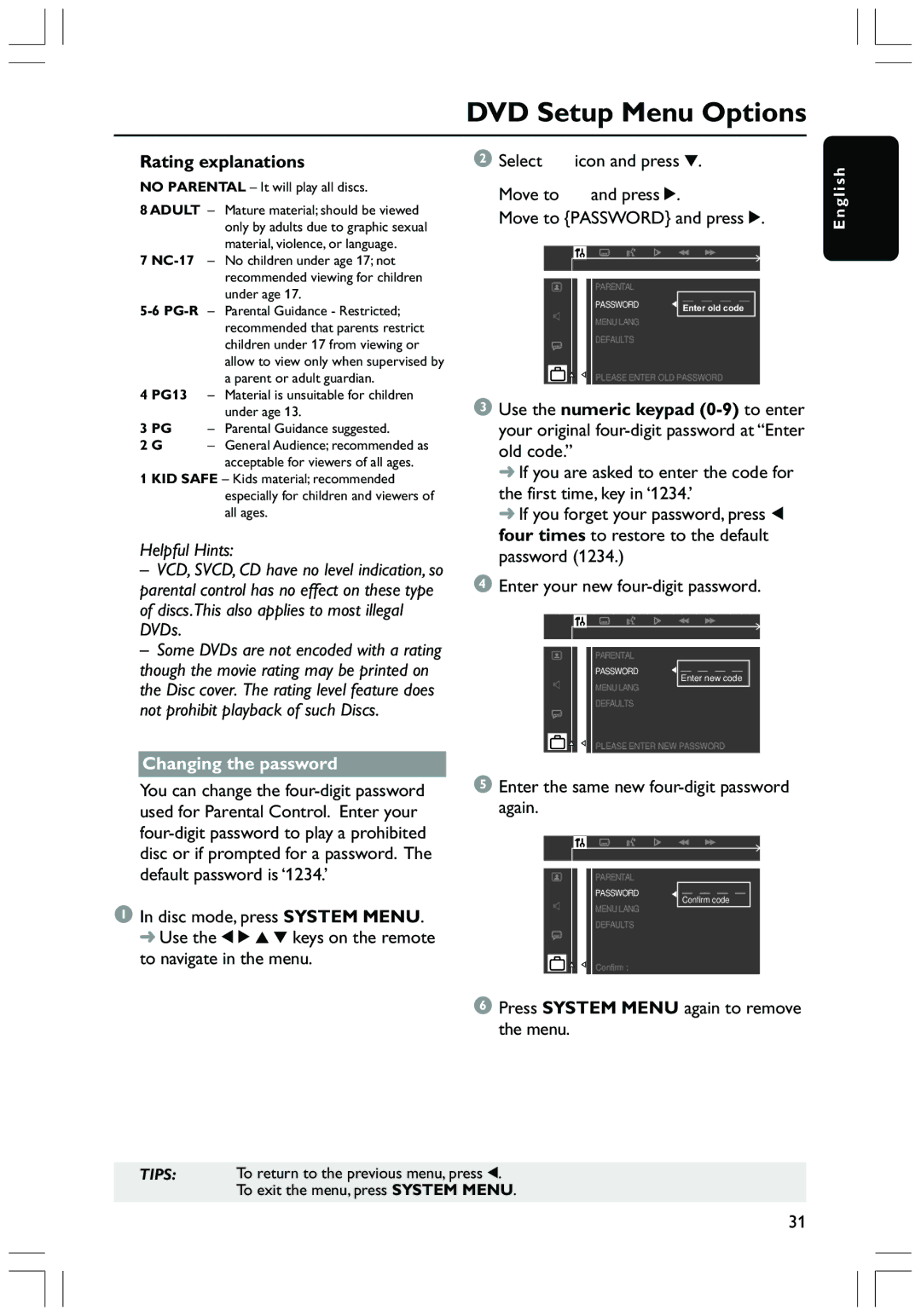 Philips HTS3410D user manual Rating explanations, Changing the password, Press System Menu again to remove the menu 