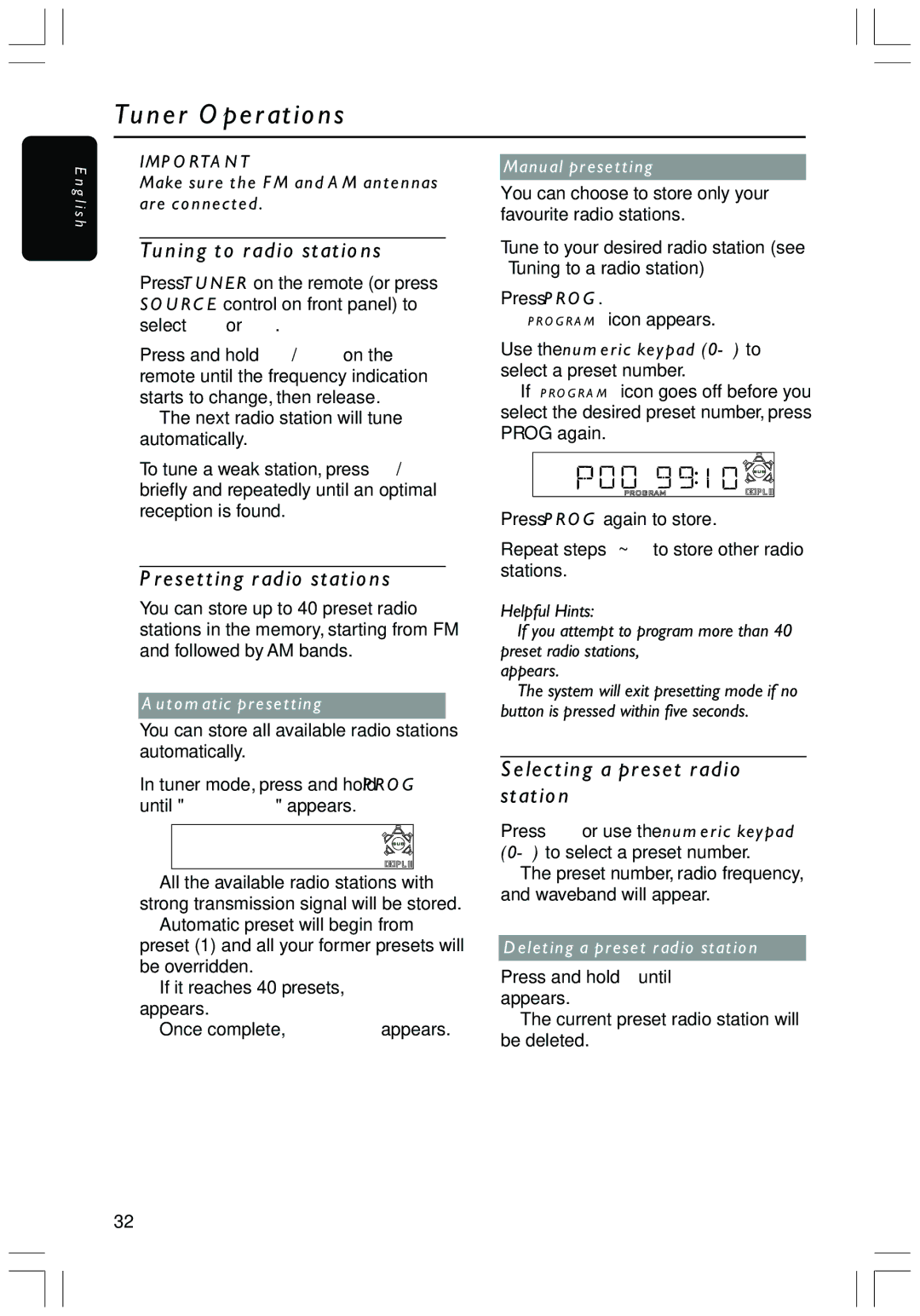 Philips HTS3410D Tuner Operations, Tuning to radio stations, Presetting radio stations, Selecting a preset radio station 