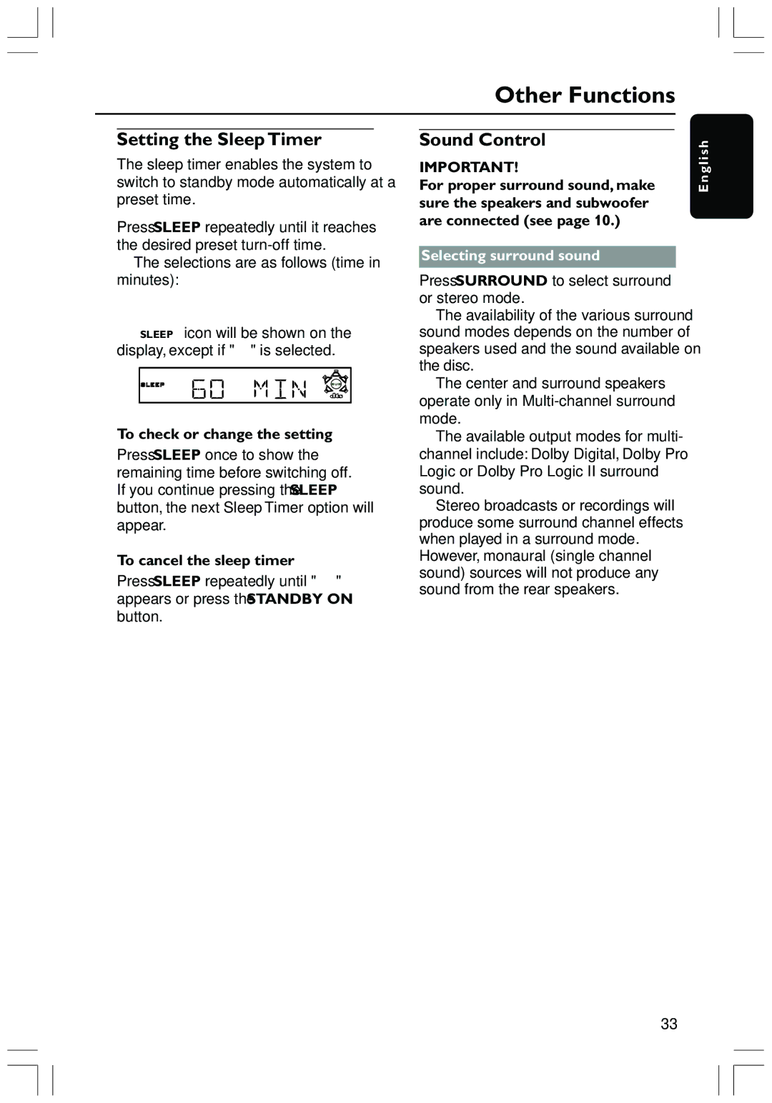 Philips HTS3410D user manual Other Functions, Setting the Sleep Timer, Sound Control, Selecting surround sound 