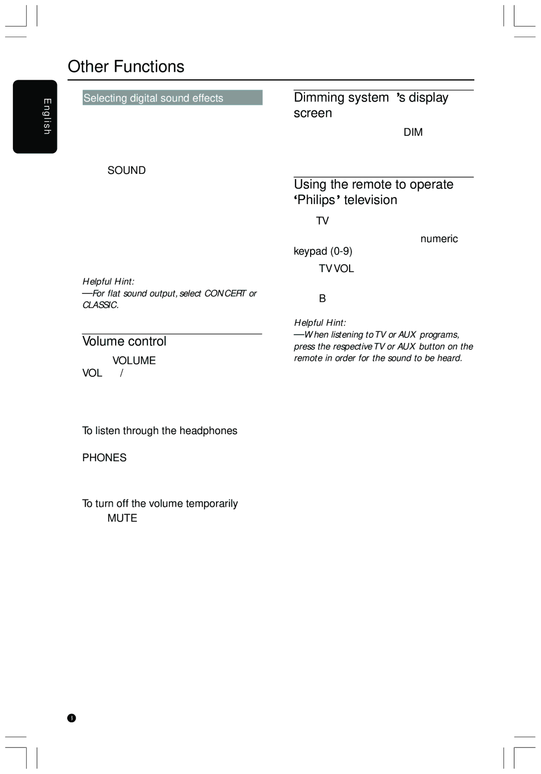 Philips HTS3410D user manual Volume control, Dimming system’s display screen, Using the remote to operate television 