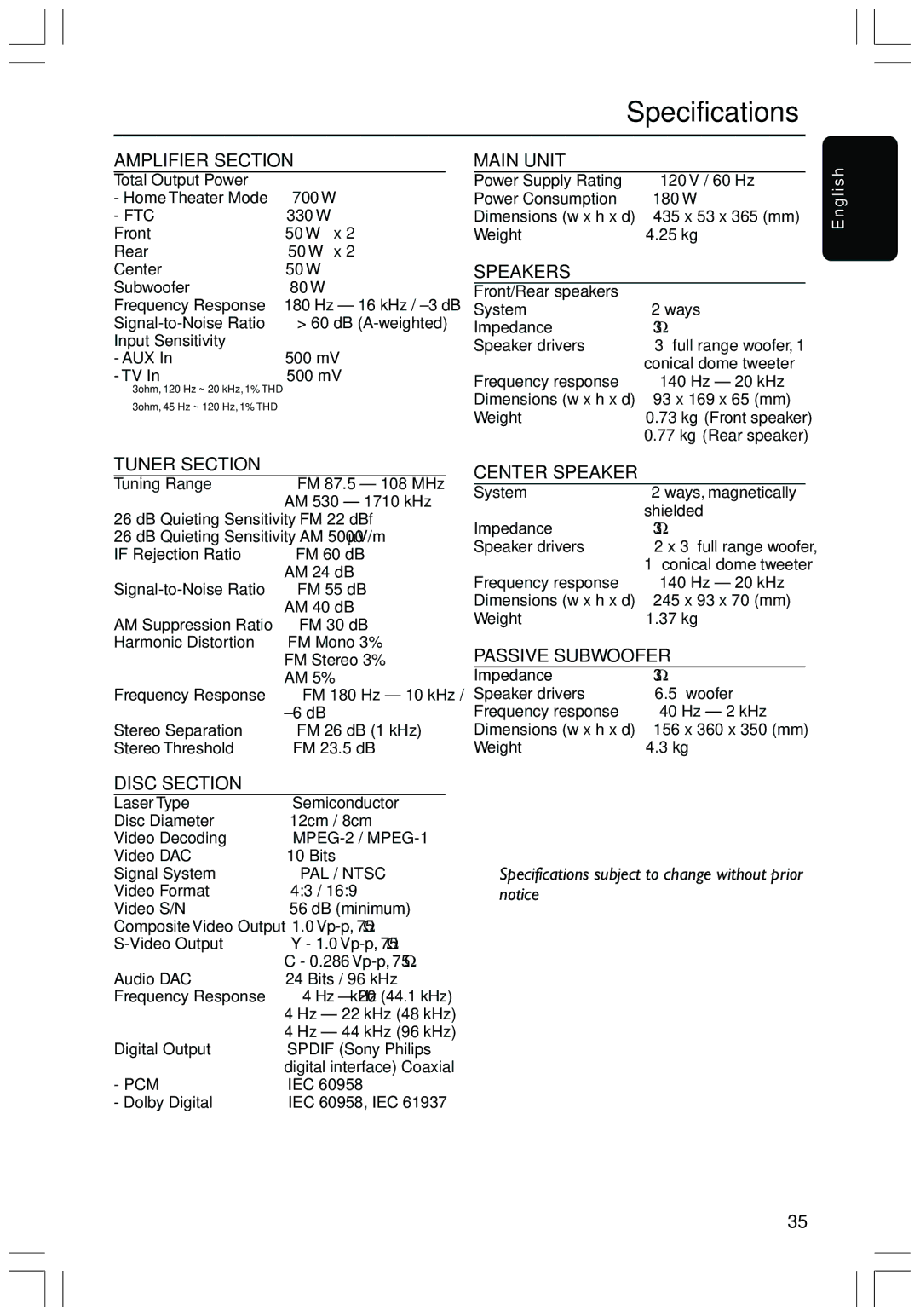 Philips HTS3410D user manual Specifications 