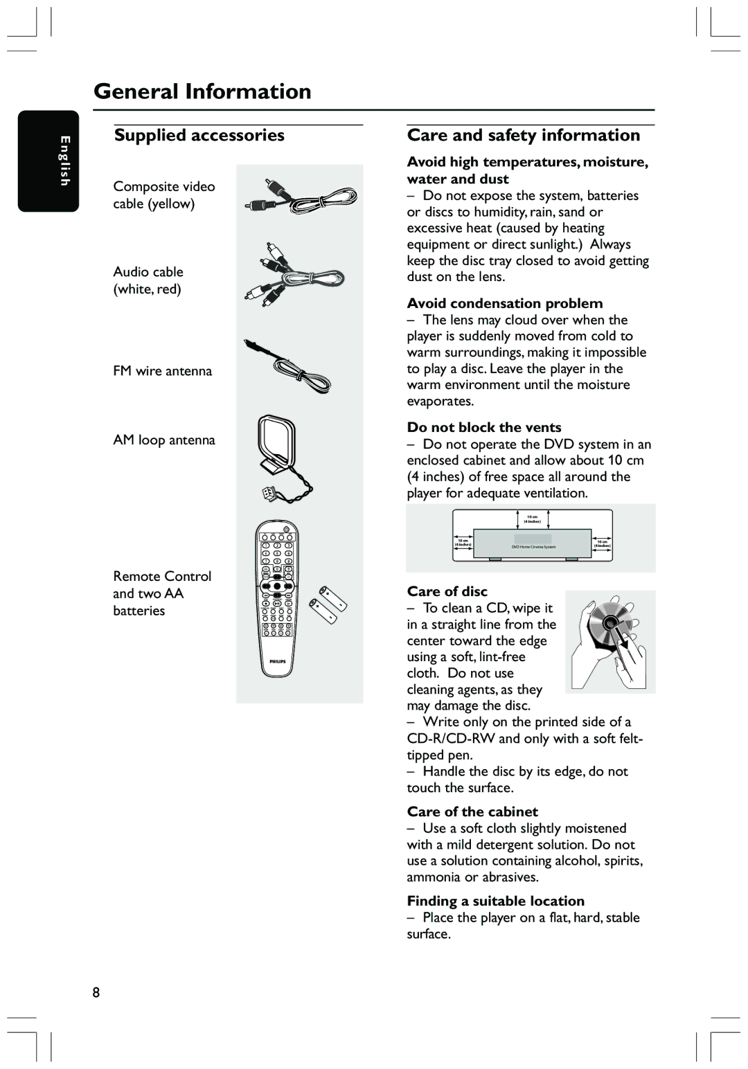 Philips HTS3410D user manual General Information, Supplied accessories, Care and safety information 