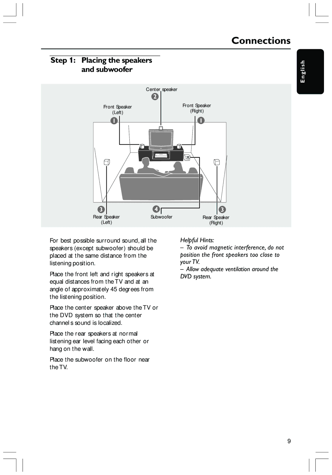 Philips HTS3410D user manual Connections, Placing the speakers and subwoofer 