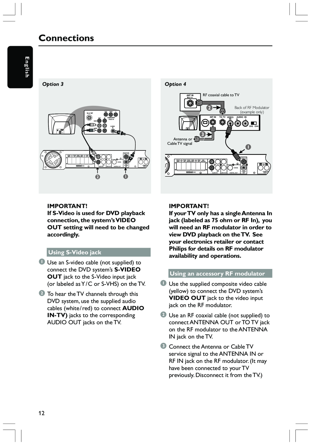 Philips HTS3410D user manual Connections, Using S-Videojack, Using an accessory RF modulator, Option 