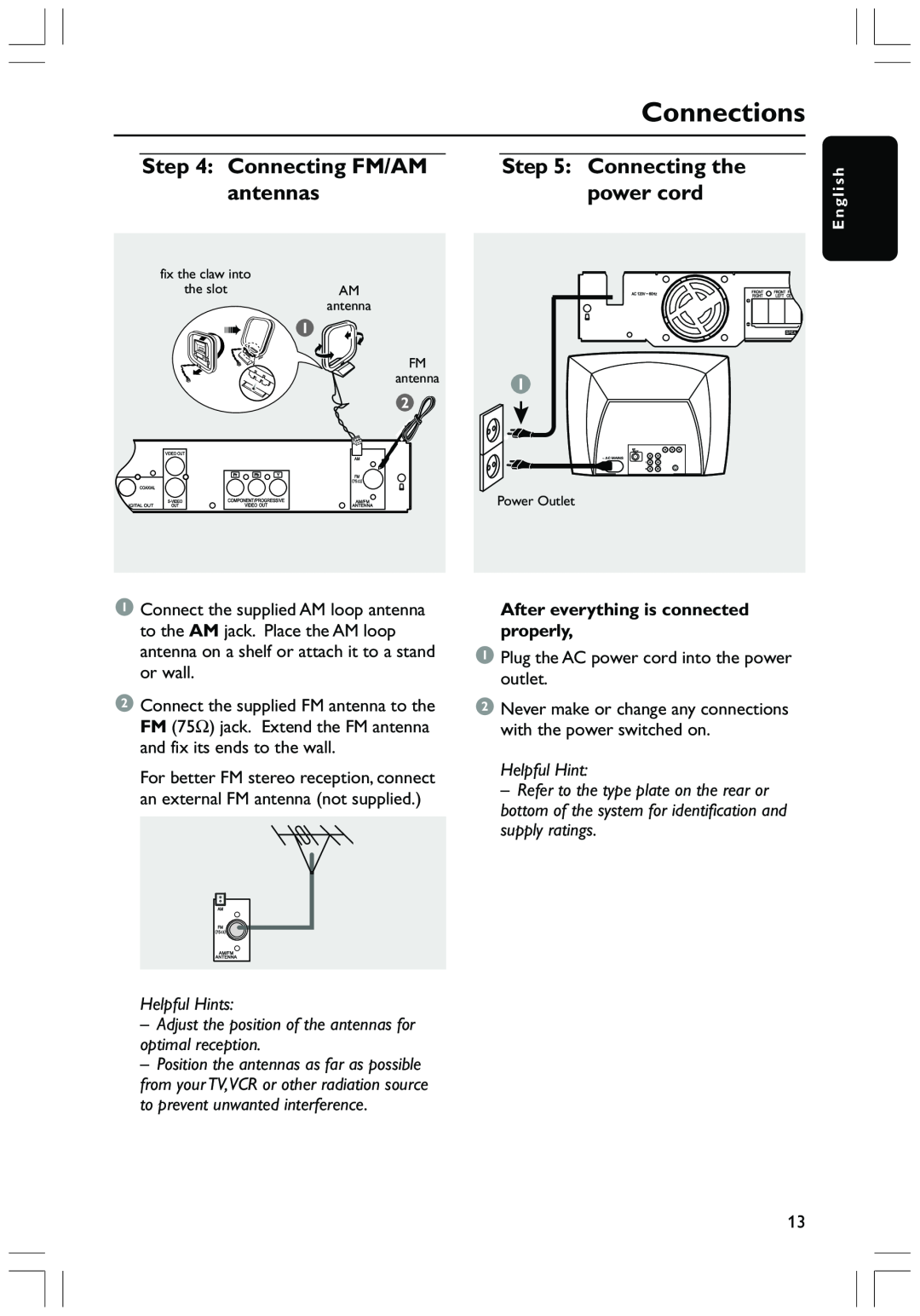 Philips HTS3410D user manual Connecting FM/AM, Connecting the, antennas, power cord, Connections, Helpful Hints 