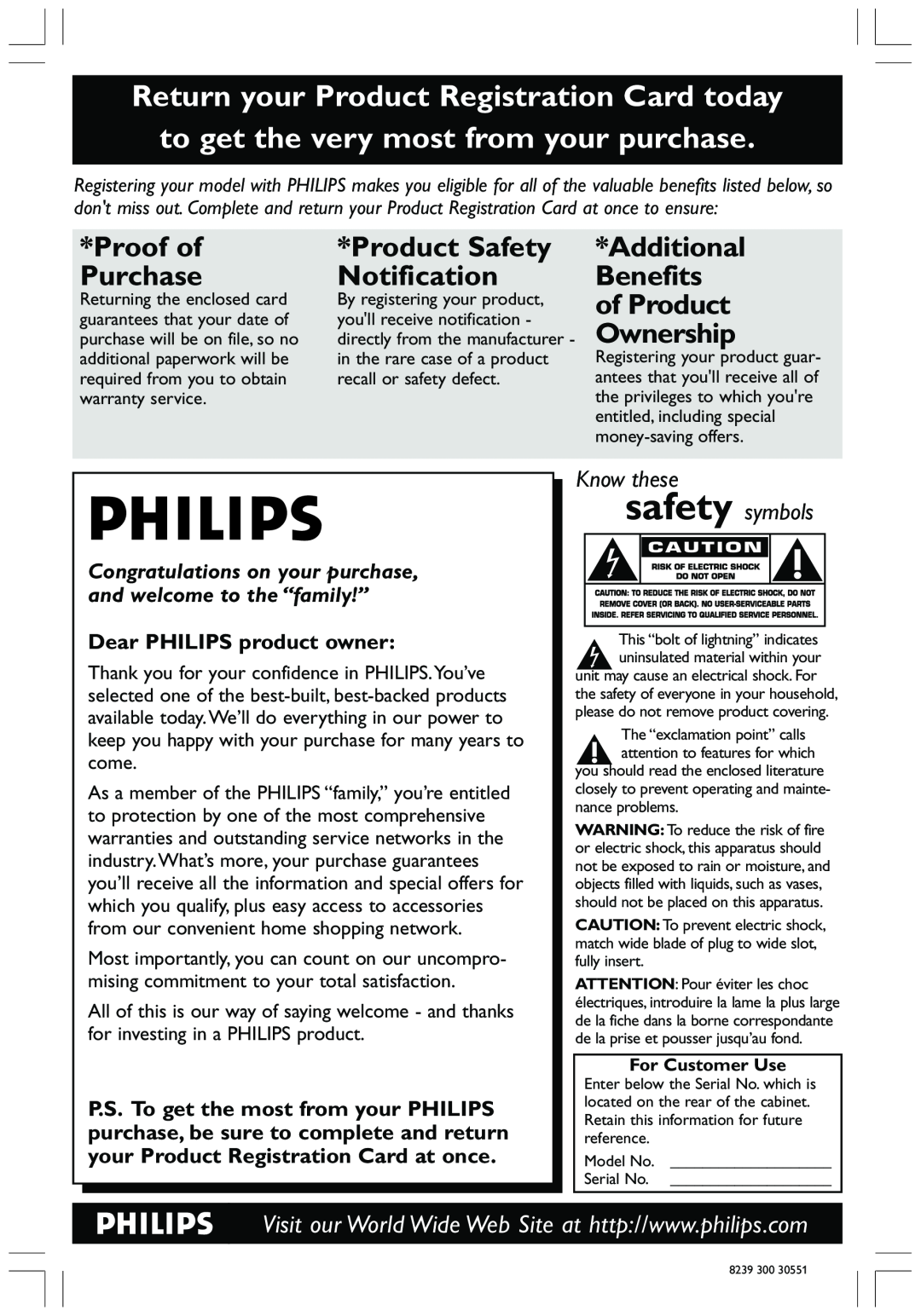 Philips HTS3410D user manual Proof of, Product Safety, Additional, Purchase, Notification, Benefits, of Product, Ownership 
