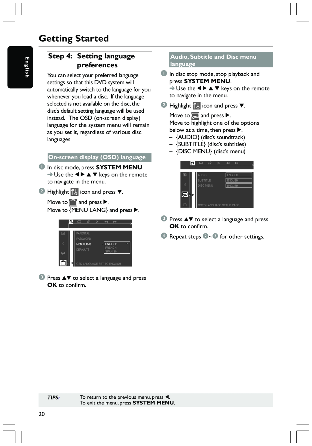 Philips HTS3410D user manual Setting language preferences, Getting Started, On-screendisplay OSD language 