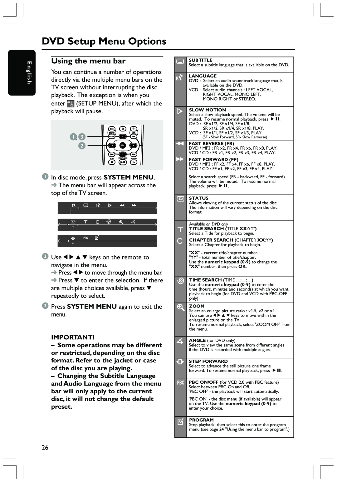 Philips HTS3410D user manual DVD Setup Menu Options, Using the menu bar 