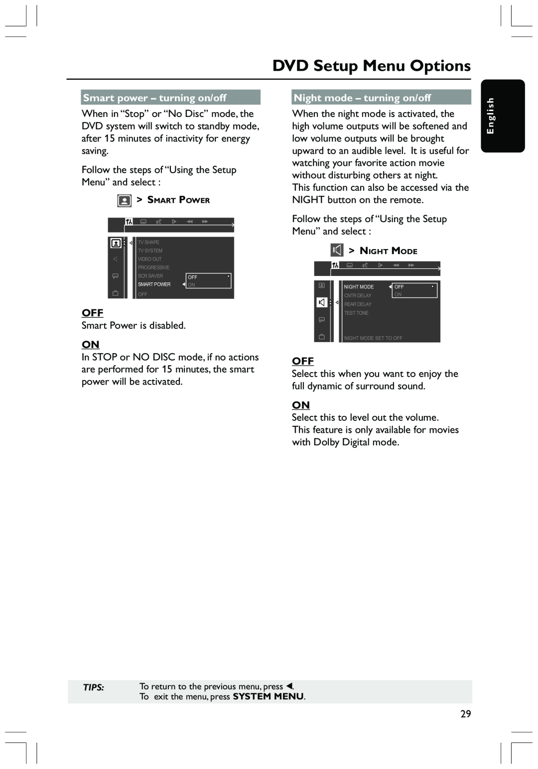 Philips HTS3410D user manual DVD Setup Menu Options, Smart power - turning on/off, Night mode - turning on/off 