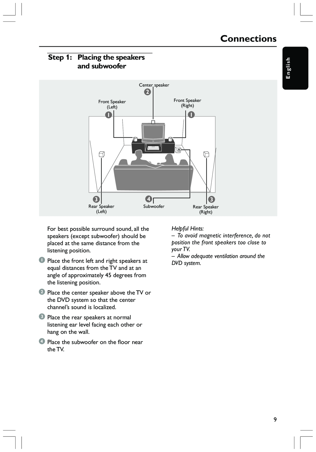 Philips HTS3410D user manual Connections, Placing the speakers and subwoofer, Helpful Hints 