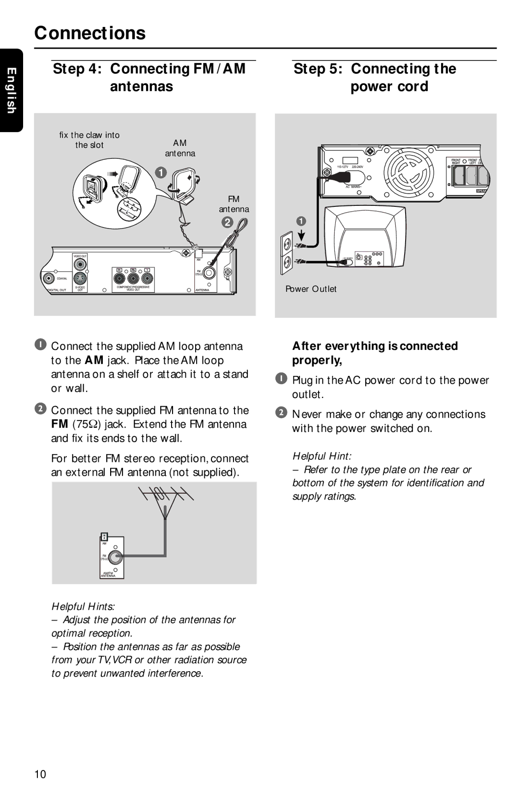 Philips HTS3410D/55 Connecting FM/AM antennas, Connecting the power cord, After everything is connected properly 