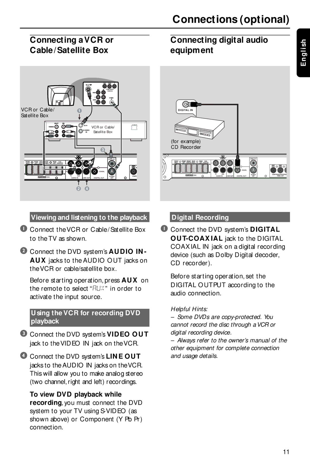 Philips HTS3410D/55 Viewing and listening to the playback, Using the VCR for recording DVD playback, Digital Recording 