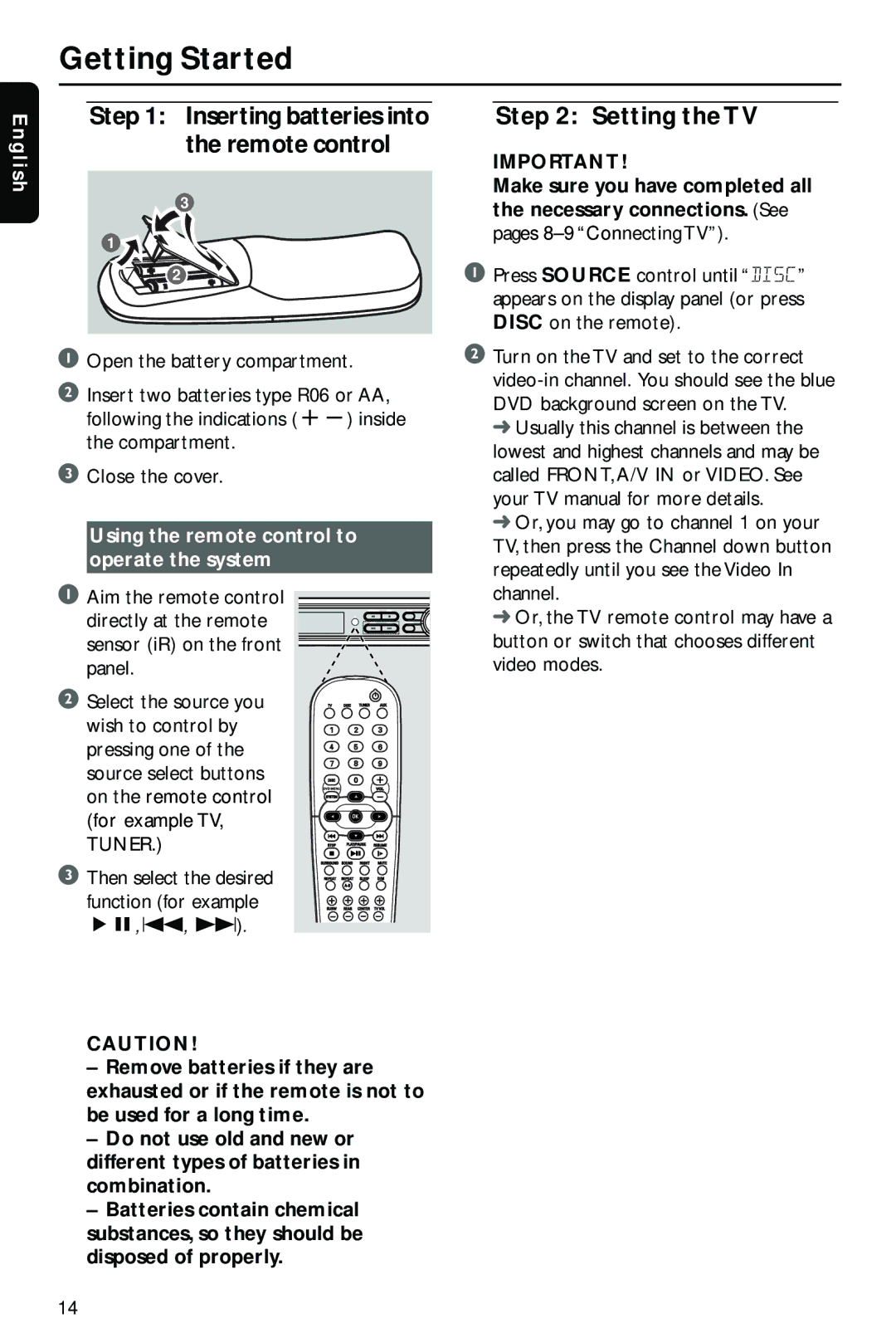 Philips HTS3410D/55 user manual Getting Started, Setting the TV, Using the remote control to operate the system 