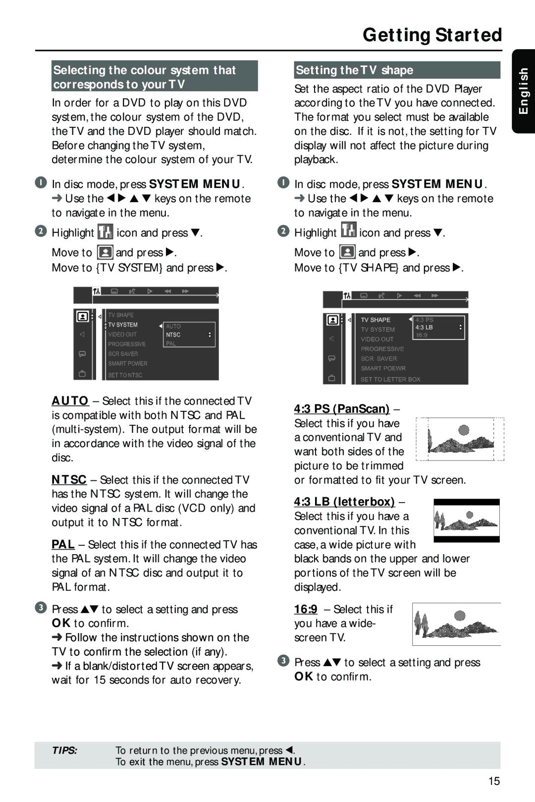 Philips HTS3410D/55 user manual Selecting the colour system that corresponds to your TV, Setting the TV shape, PS PanScan 