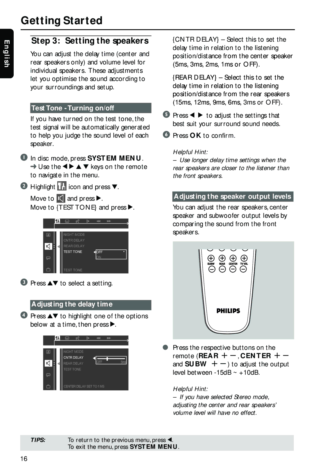 Philips HTS3410D/55 user manual Setting the speakers, Test Tone Turning on/off, Adjusting the delay time 