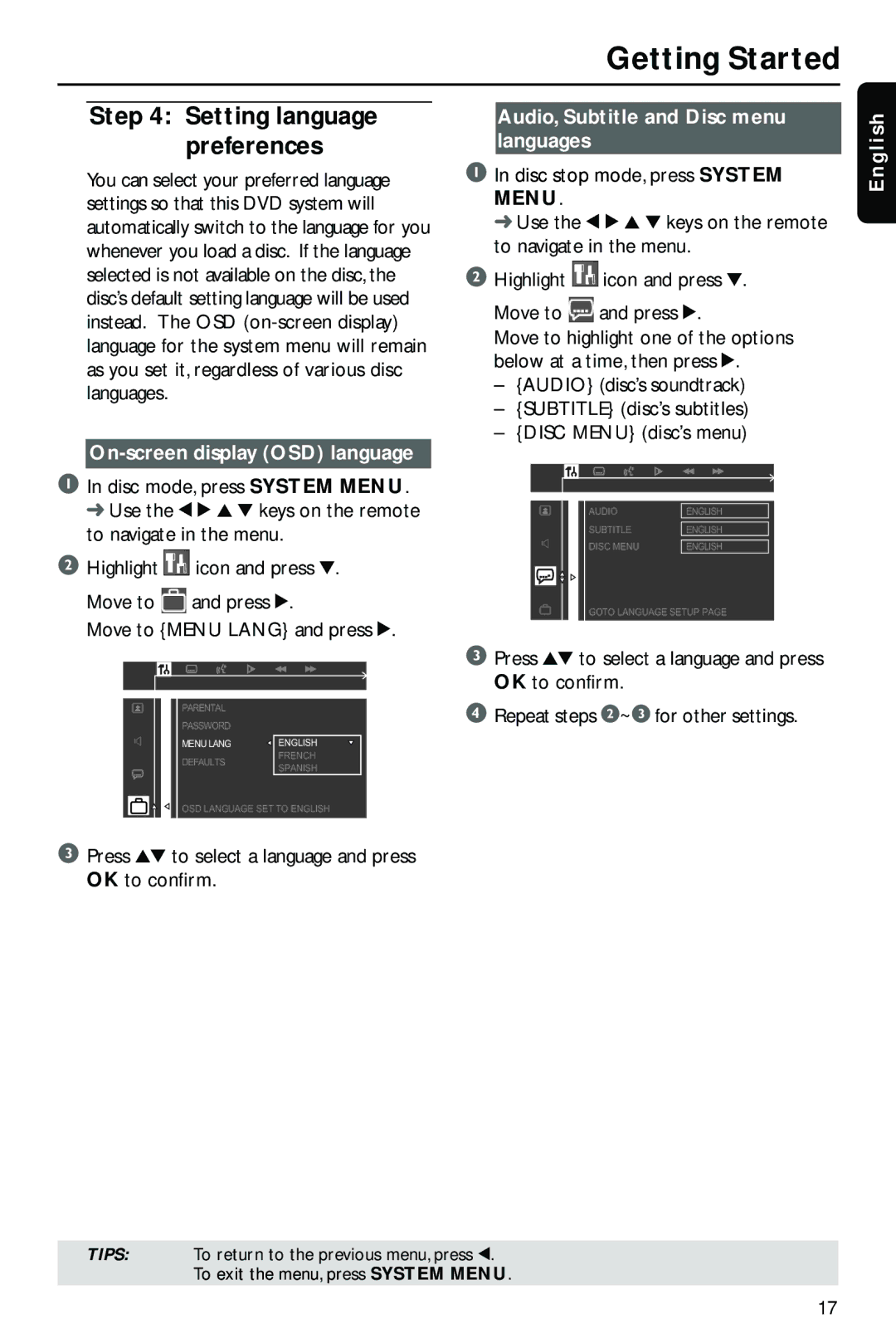 Philips HTS3410D/55 Setting language preferences, On-screen display OSD language, Audio, Subtitle and Disc menu languages 