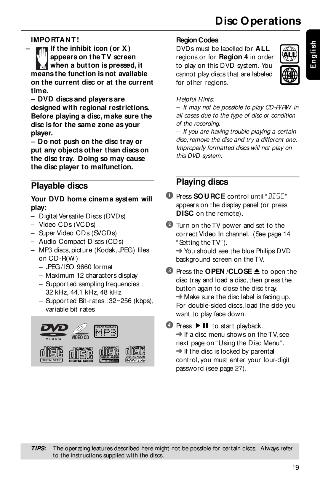 Philips HTS3410D/55 user manual Disc Operations, Playable discs, Playing discs, Your DVD home cinema system will play 