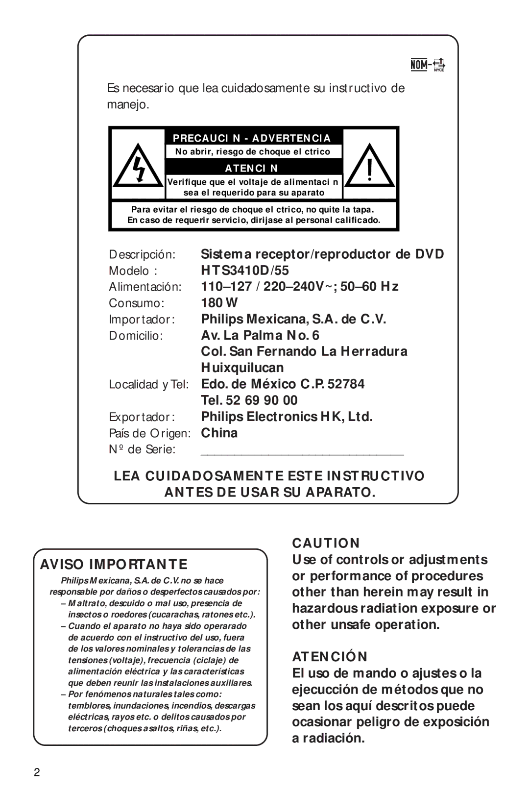 Philips HTS3410D/55 user manual Atención 