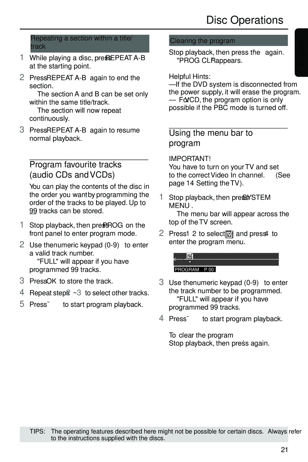 Philips HTS3410D/55 Program favourite tracks audio CDs and VCDs, Using the menu bar to program, Clearing the program 