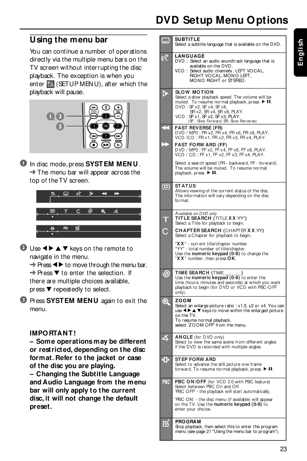 Philips HTS3410D/55 user manual DVD Setup Menu Options, Using the menu bar 