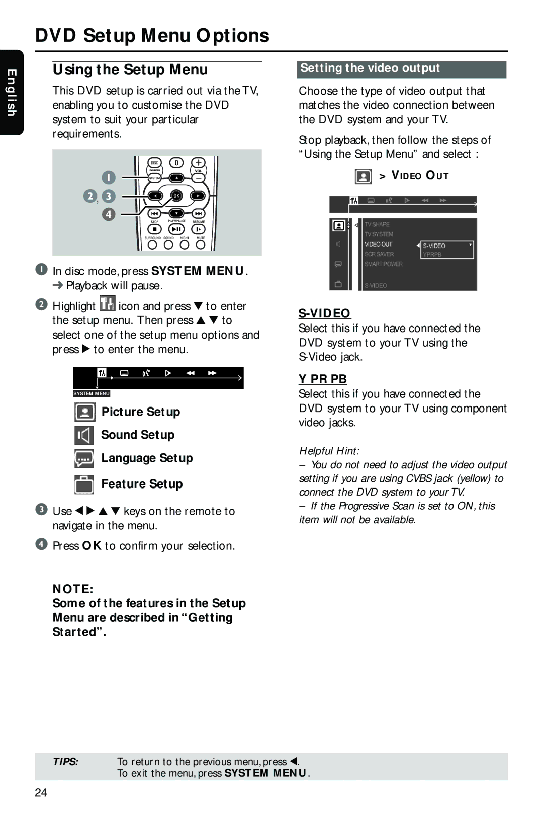 Philips HTS3410D/55 Setting the video output, Gli sh, Picture Setup Sound Setup Language Setup Feature Setup, Video, Pr Pb 