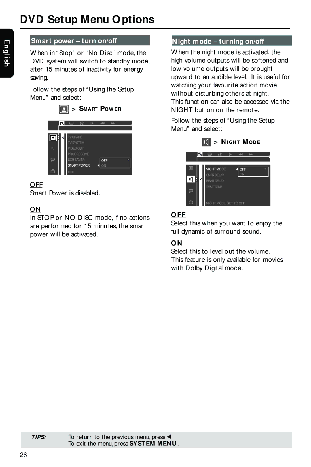 Philips HTS3410D/55 user manual En gli sh Smart power turn on/off, Night mode turning on/off 