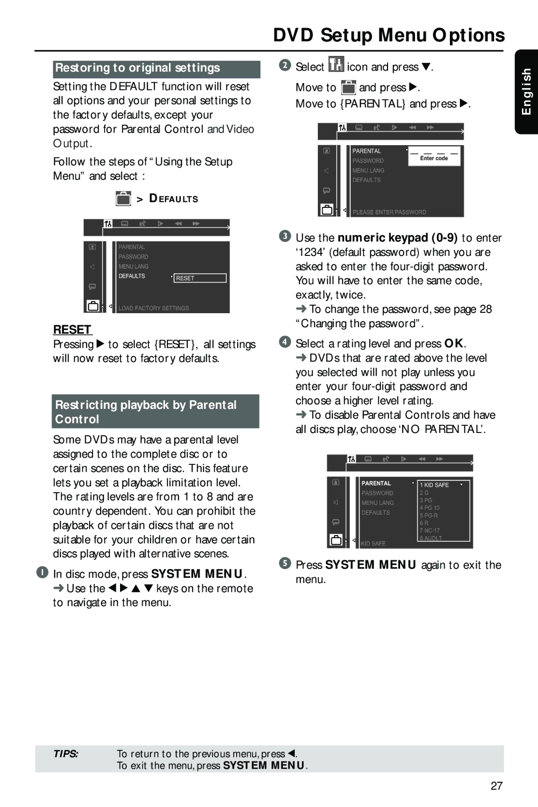 Philips HTS3410D/55 user manual Restoring to original settings, Reset, Restricting playback by Parental Control 