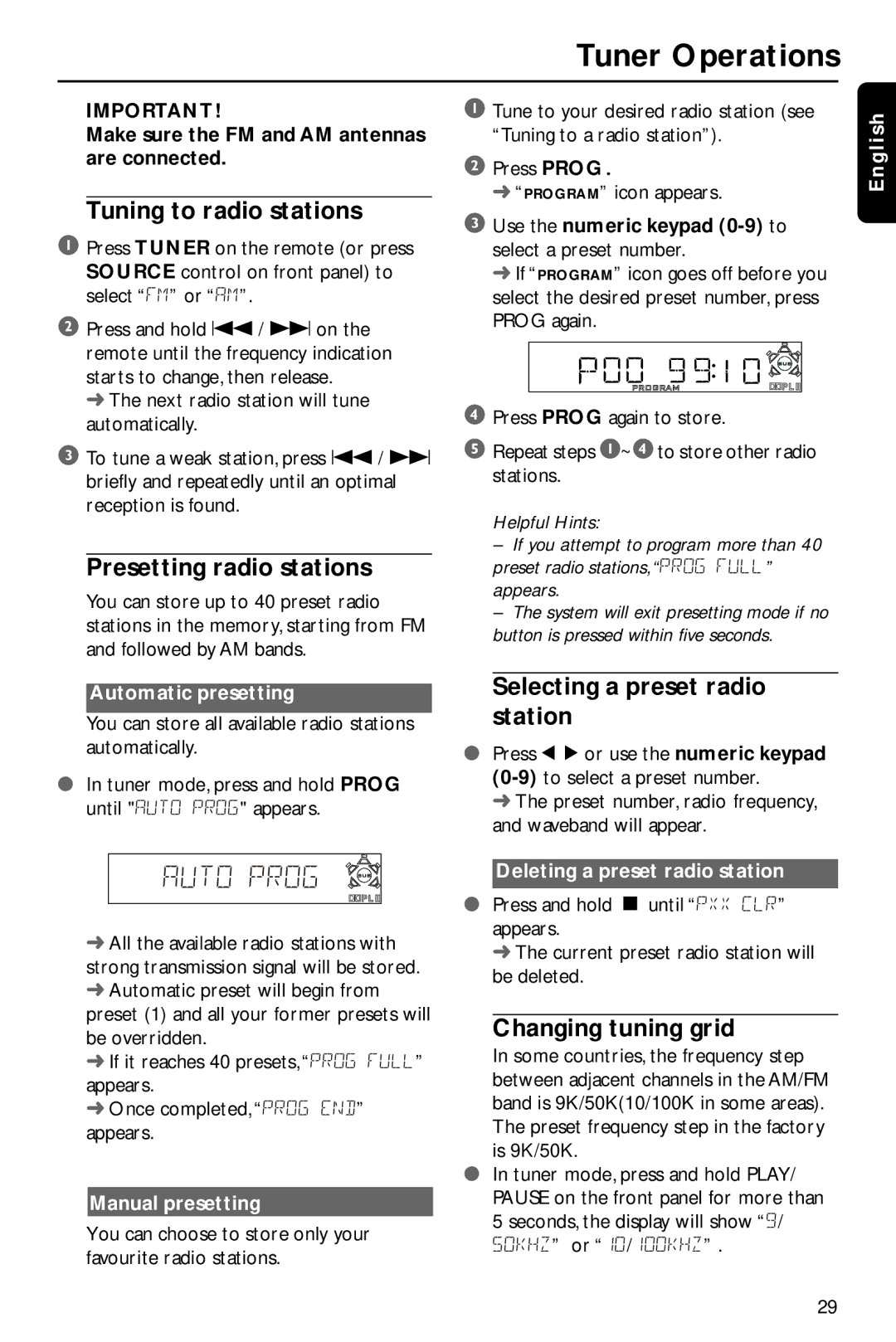 Philips HTS3410D/55 user manual Tuner Operations, Tuning to radio stations, Presetting radio stations, Changing tuning grid 